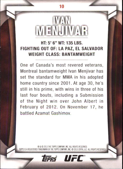 2013 Topps UFC Knockout #10 Ivan Menjivar back image