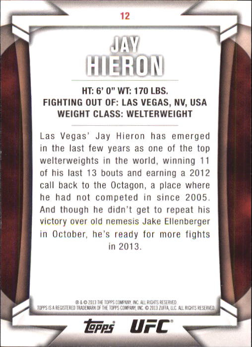 2013 Topps UFC Knockout #12 Jay Hieron back image