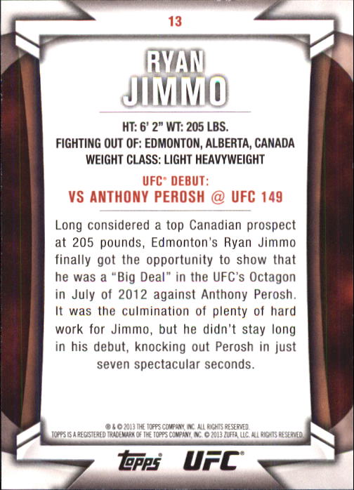 2013 Topps UFC Knockout #13 Ryan Jimmo RC back image