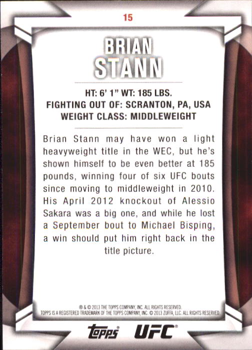 2013 Topps UFC Knockout #15 Brian Stann back image