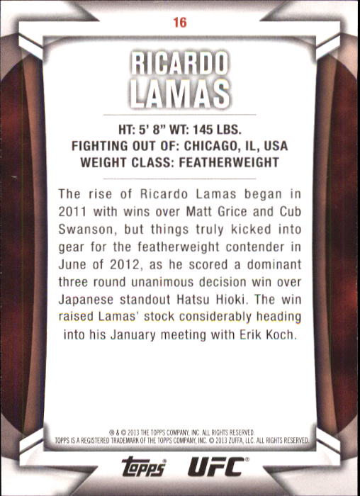 2013 Topps UFC Knockout #16 Ricardo Lamas back image