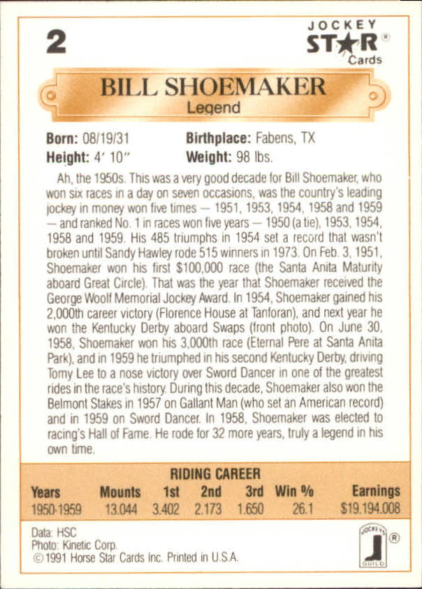 1991 Horse Star Jockey #2 Bill Shoemaker: 1950-1959 back image