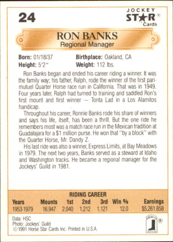 1991 Horse Star Jockey #24 Ron Banks back image