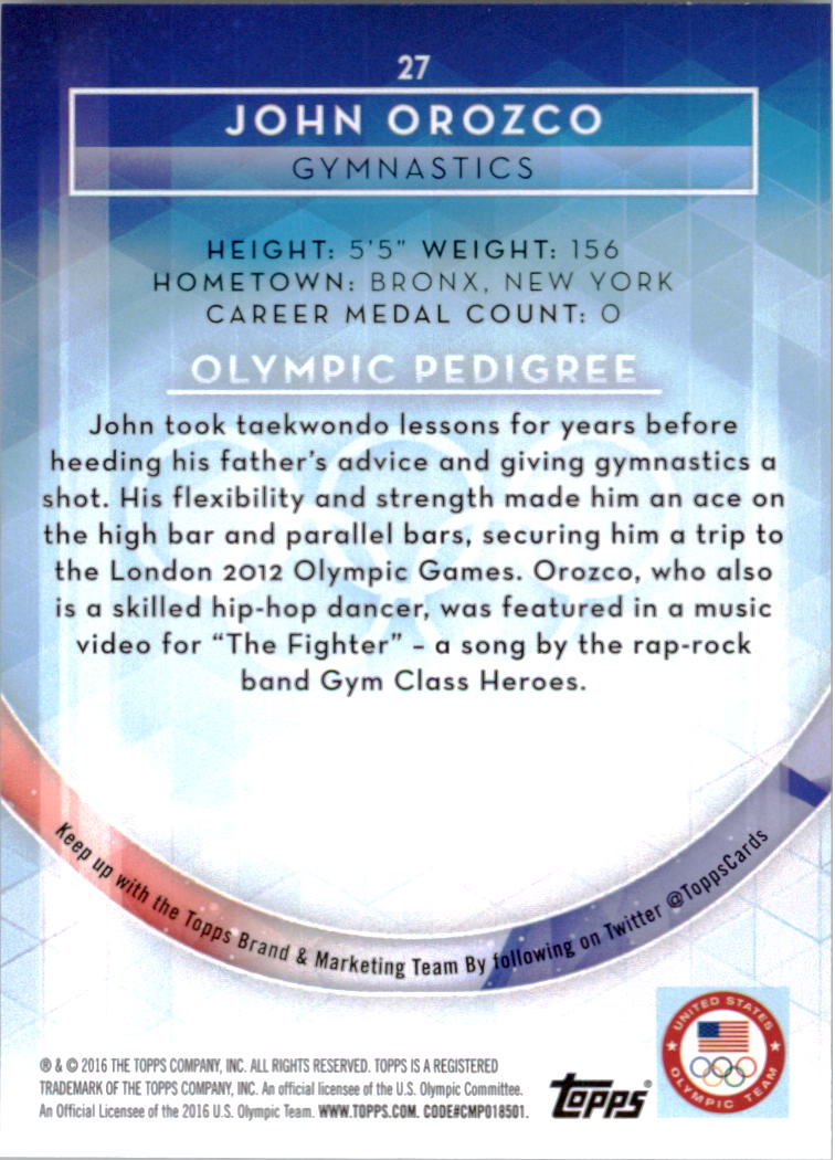 2016 Topps U.S. Olympic Team Silver #27 John Orozco back image