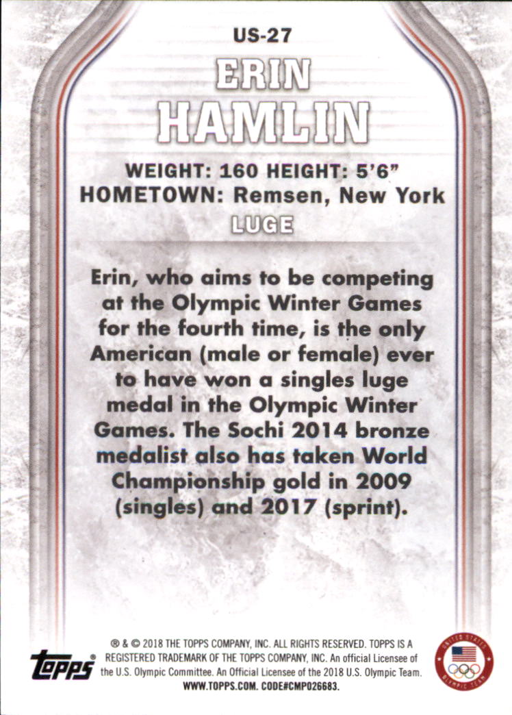 2018 Topps U.S. Olympic Team #US27 Erin Hamlin back image