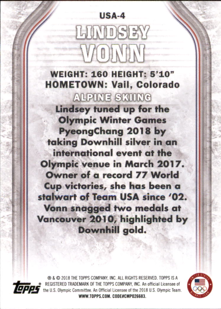 2018 Topps U.S. Olympic Team #USA4 Lindsey Vonn back image