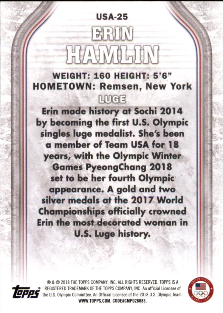 2018 Topps U.S. Olympic Team #USA25 Erin Hamlin back image