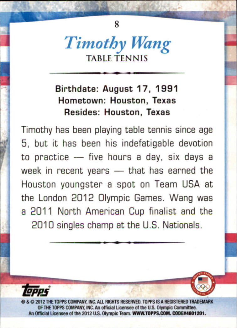 2012 Topps U.S. Olympic Team #8 Timothy Wang back image
