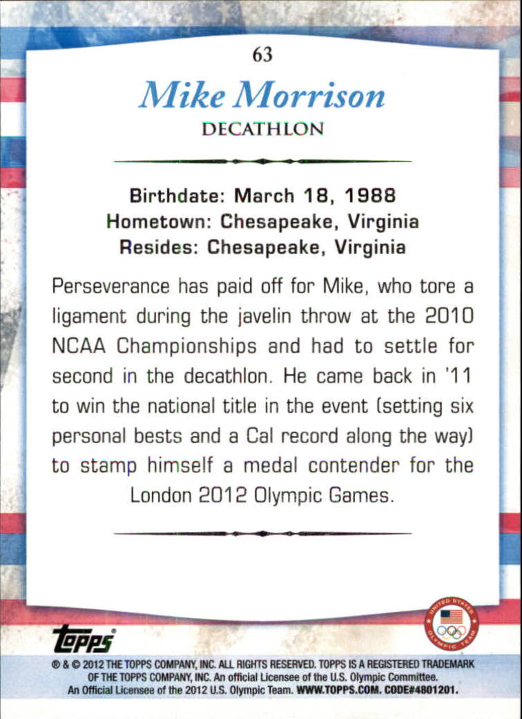 2012 Topps U.S. Olympic Team #63 Mike Morrison back image