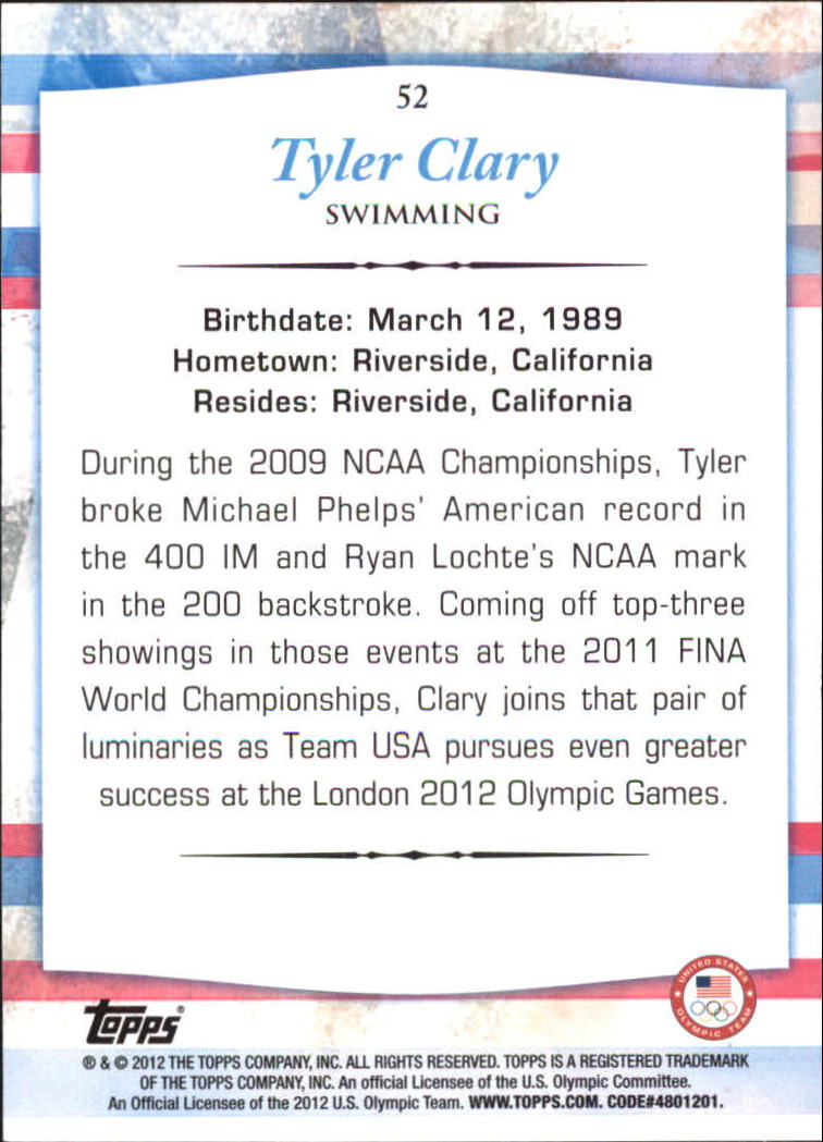 2012 Topps U.S. Olympic Team Bronze #52 Tyler Clary back image