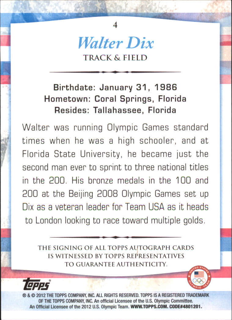 2012 Topps U.S. Olympic Team Autographs #4 Walter Dix back image