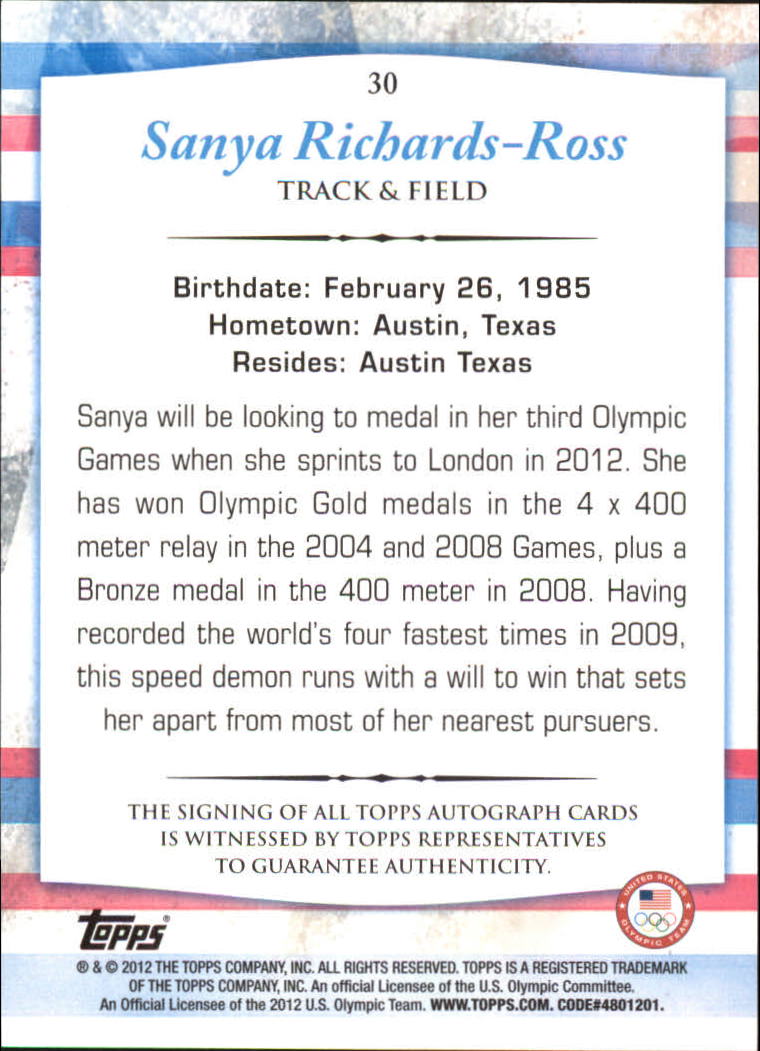2012 Topps U.S. Olympic Team Autographs #30 Sanya Richards-Ross back image
