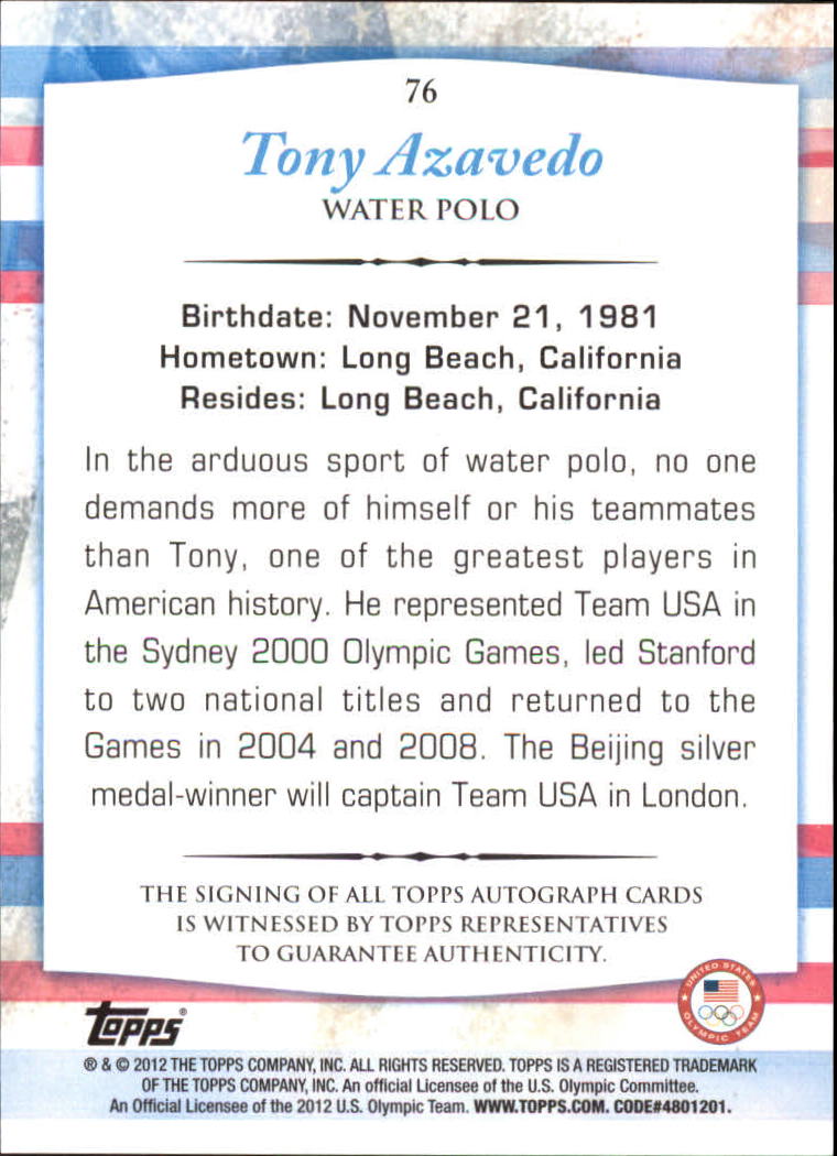 2012 Topps U.S. Olympic Team Autographs #76 Tony Azevedo back image