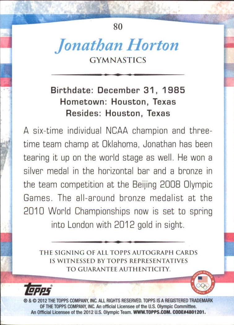 2012 Topps U.S. Olympic Team Autographs #80 Jonathan Horton back image