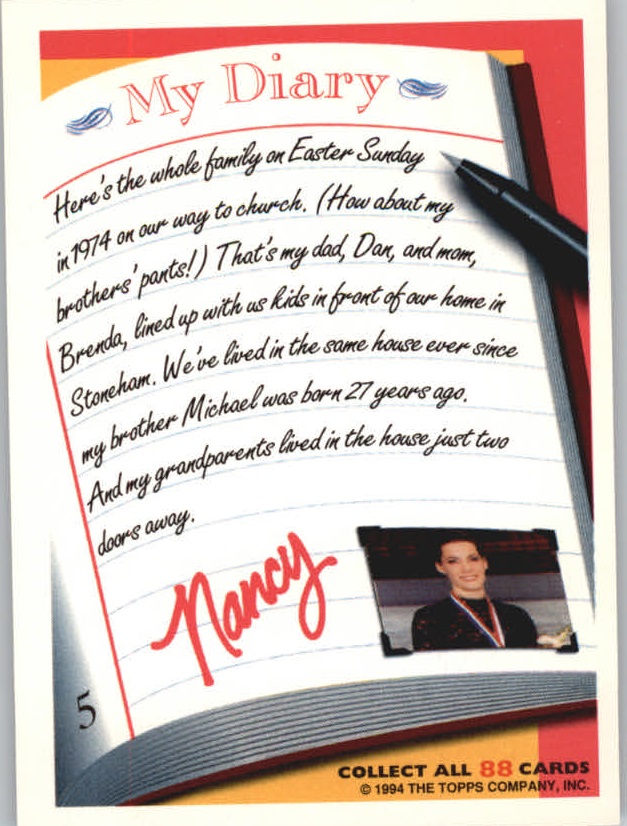 1994 Topps Nancy Kerrigan My Diary #5 Easter Sunday '74 back image