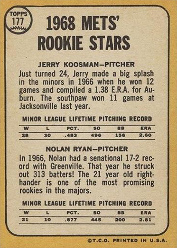 1968 Topps 177 Nolan Ryan Jerry Koosman Back