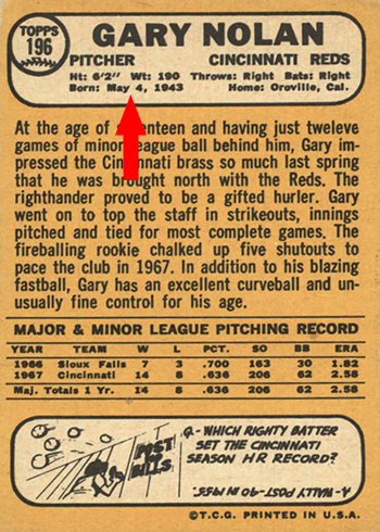 1968 Topps 196 Gary Nolan Back Arrow