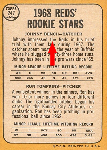 1968 Topps 247 Johnny Bench Tompkins Back the arrow