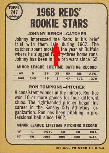 1968 Topps 247 Johnny Bench Tompkins Back tne arrow