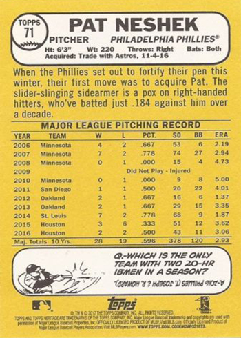 2017 TH Tr Var 71 Pat Neshek Back