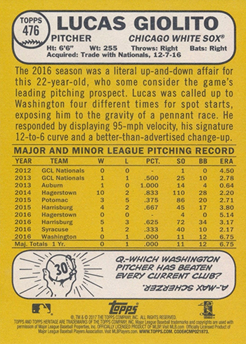2017 Topps Heritage Traded Variations 476 Lucas Giolito Back