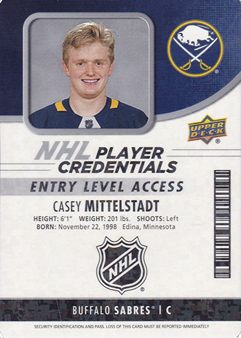 2018-19 Upper Deck MVP Hockey NHL Player Credentials Entry Level