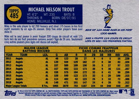 2019 Topps Heritage Baseball French Text 485 Mike Trout