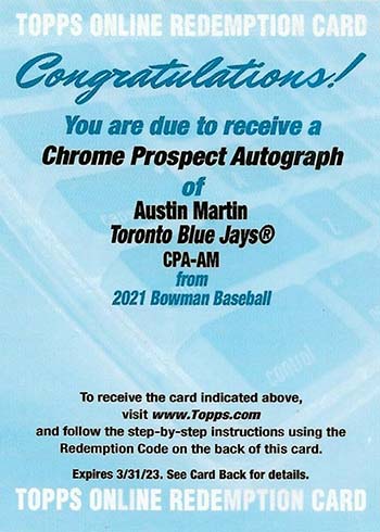 2021 Bowman Chrome Baseball Autographs Austin Martin Redemption