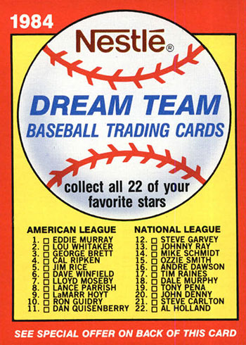 1984 Topps Nestle Dream Team Baseball Checklist