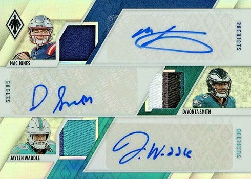 2021 Panini Phoenix Football Triple Patch Autographs Mac Jones / Devonta Smith / Jaylen Waddle