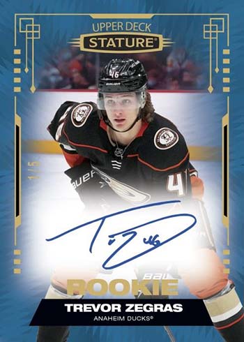 2021-22 Upper Deck Stature Hockey Rookie Autographs Blue Trevor Zegras