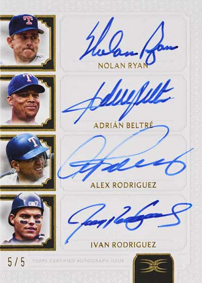 2024 Topps Definitive Baseball Quad Autographs Nolan Ryan Adrian Beltre Alex Rodriguez Ivan Rodriguez
