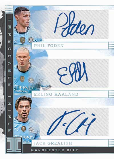 2024-25 Panini Impeccable Premier League Soccer Impeccable Triple Autographs Phil Foden Erling Haaland Jack Grealish